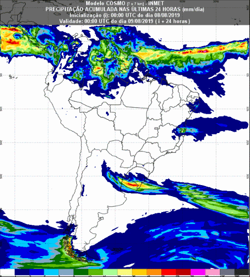Mapa com a previsão de precipitação acumulada para até 93 horas (09/08 a 11/08) em todo o Brasil - Fonte: Inmet