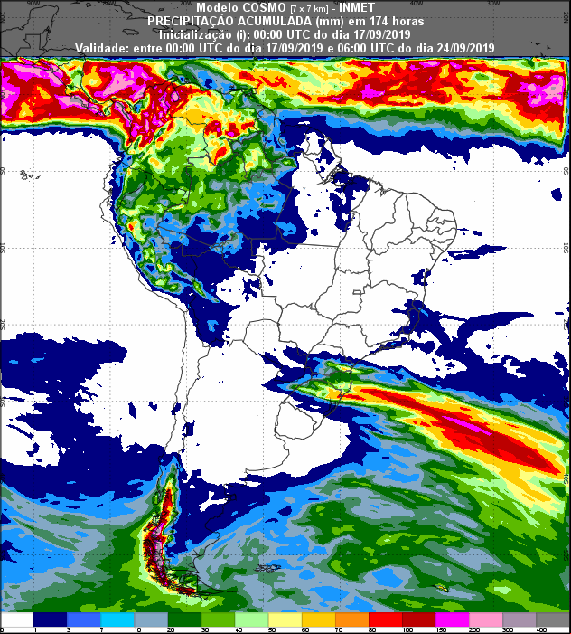 Mapa de precipitação acumulada do Inmet para os próximos 7 dias - Fonte: Inmet