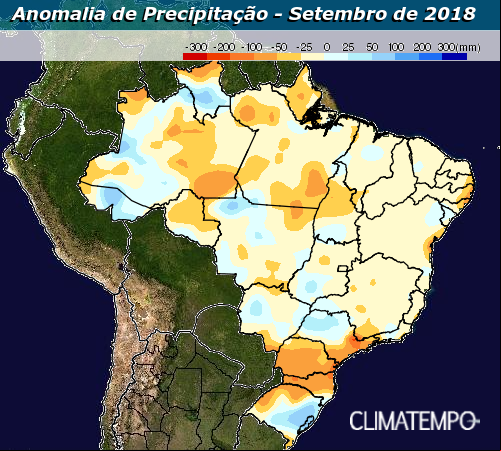 Mapa de anomalia de precipitação para o mês de setembro - Fonte: Climatempo