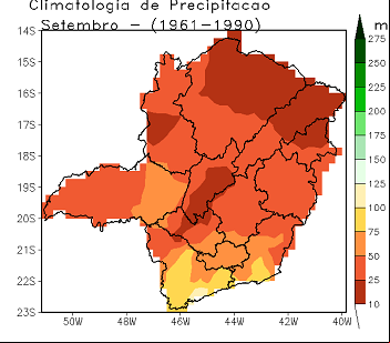 Figura 5 – Distribuição das chuvas em Minas Gerais, para os meses setembro, outubro e novembro, médias climatológicas 1961-1990