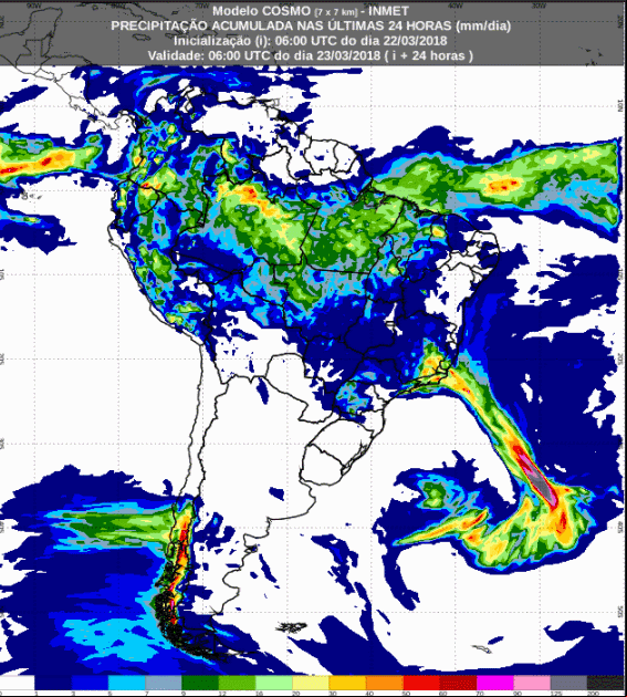 Mapa com a previsão de precipitação acumulada para até 72 horas (23/03 a 25/03) para todo o Brasil - Fonte: Inmet