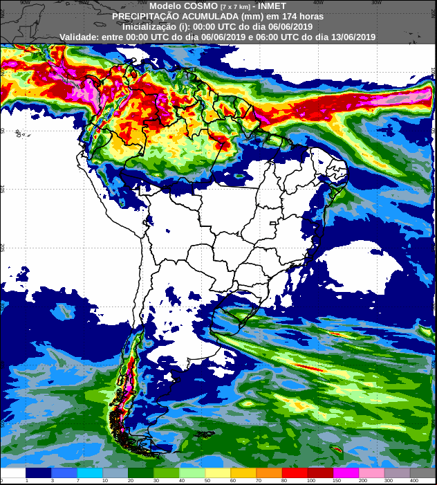 Mapa com a previsão de precipitação acumulada para os próximos sete dias - Fonte: Inmet