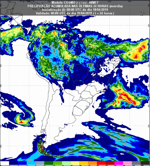 Mapa com a previsão de precipitação acumulada para até 93 horas (19/04 a 21/04) em todo o Brasil - Fonte: Inmet