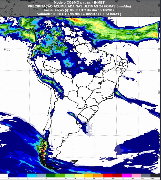Previsão de precipitação acumulada para até 72 horas (17/10 a 19/10) para o todo do Brasil - Fonte: Inmet