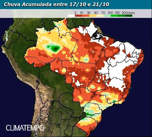 Mapa de precipitação acumulada de 12/10 a 16/10 para todo o Brasil - Fonte: Climatempo