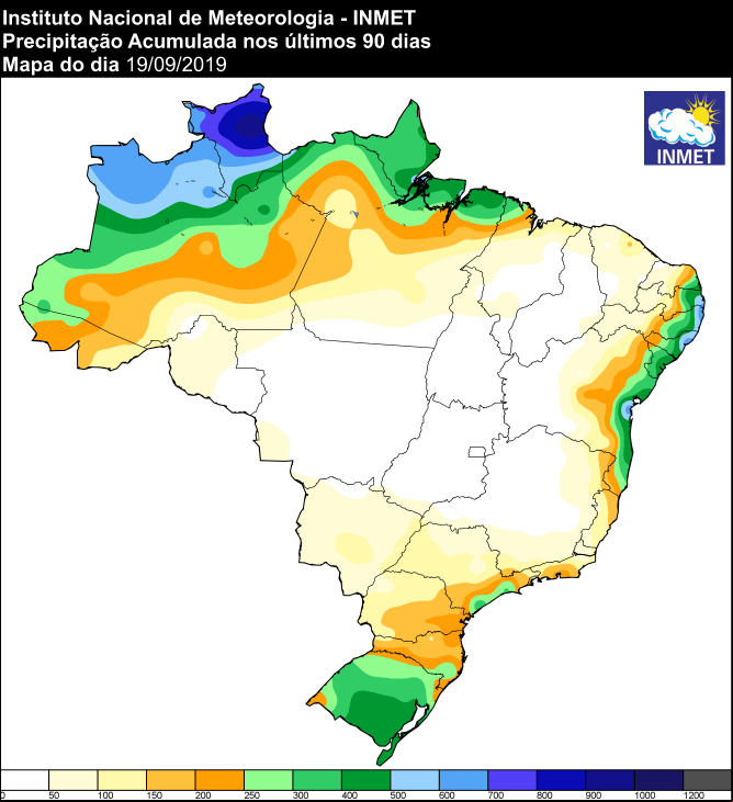 Mapa de precipitação acumulada dos últimos 90 dias em todo o Brasil - Fonte: Inmet