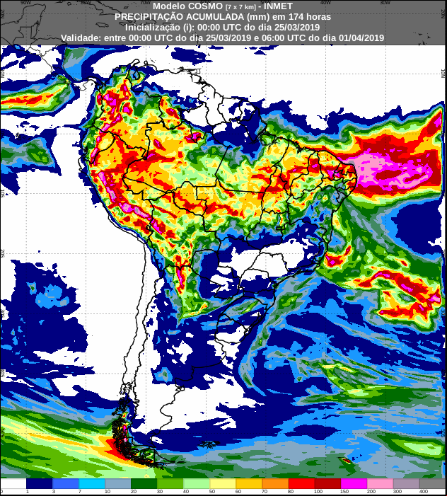 Mapa de precipitação acumulada dos próximos 7 dias no Brasil - Fonte: Inmet