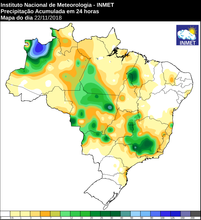Mapa de precipitação acumulada nas últimas 24 horas em todo o Brasil - Fonte: Inmet
