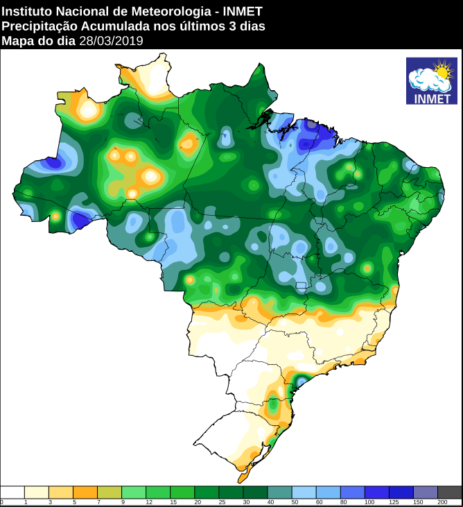 Mapa das áreas com precipitação acumulada nos últimos 3 dias - Fonte: Inmet