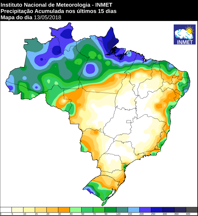 Mapa com precipitação acumulada nos últimos 15 dias em todo o Brasil - Fonte: Inmet