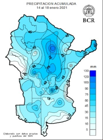 Chuvas acumuladas na Argentina entre 14 e 18 de janeiro 2021 - Fonte: Bolsa de Rosário