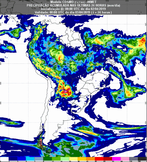 Mapa com a previsão de precipitação acumulada para até 72 horas (03/04 a 05/04) em todo o Brasil - Fonte: Inmet