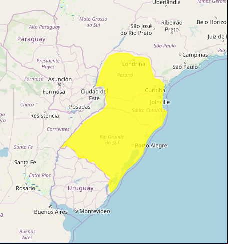 Mapa das áreas com alerta de declínio de temperatura nesta 3ª feira - Fonte: Inmet