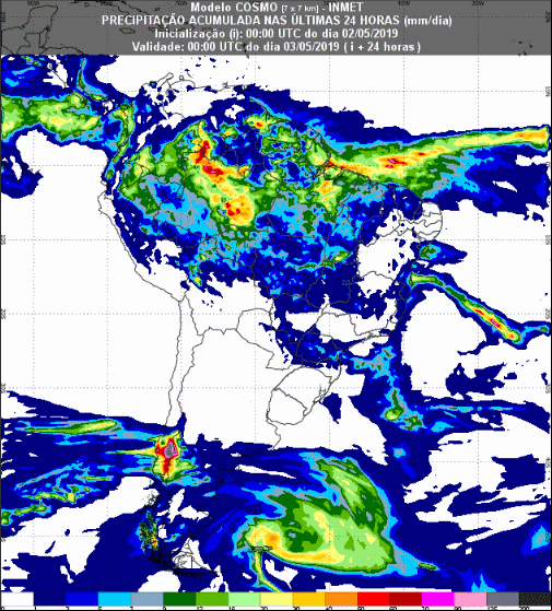 Mapa com a previsão de precipitação acumulada para até 93 horas (03/05 a 05/05) em todo o Brasil - Fonte: Inmet