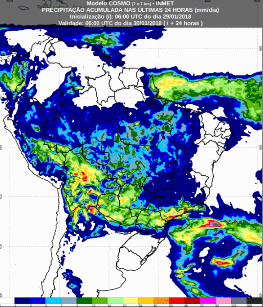 Mapa com a previsão de precipitação acumulada para até 72 horas (30/01 a 01/02) para todo o Brasil - Fonte: Inmet