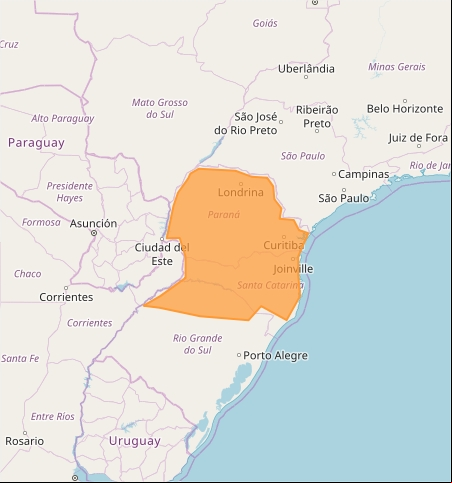 Mapa das áreas com previsão de tempestade nesta quarta-feira - Fonte: Inmet