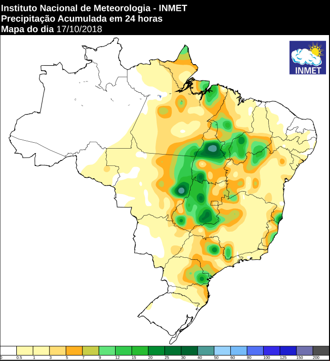 Mapa das áreas com a precipitação acumulada nas últimas 24 horas em todo o Brasil - Fonte: Inmet