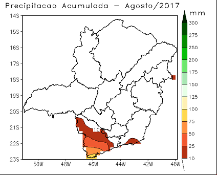 Figura 1 –Climatologia mensal de precipitação (a) e Precipitação mensal acumulada para maio (b). Fonte: SEÇÃO DE ANÁLISE E PREVISÃO DO TEMPO (SEPRE - 5º DISME) BELO HORIZONTE.
