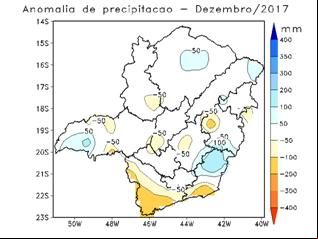Anomalias das chuvas que ocorreram em dezembro de 2017. Fonte: SEÇÃO DE ANÁLISE E PREVISÃO DO TEMPO (SEPRE - 5º DISME) BELO HORIZONTE.