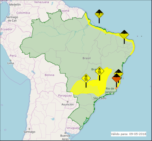 Mapa das áreas com previsão de chuvas intensas e altos acumulados nesta 4ª feira - Fonte: Inmet