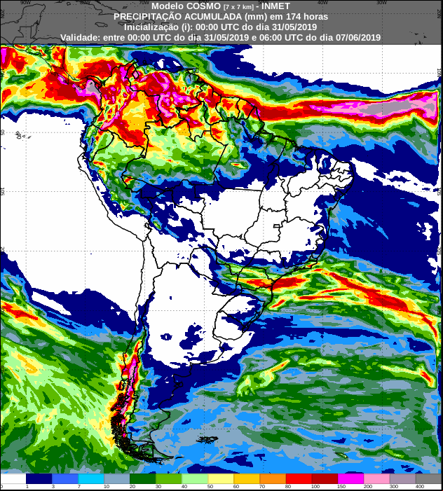 Mapa com a previsão de precipitação acumulada para os próximos sete dias - Fonte: Inmet