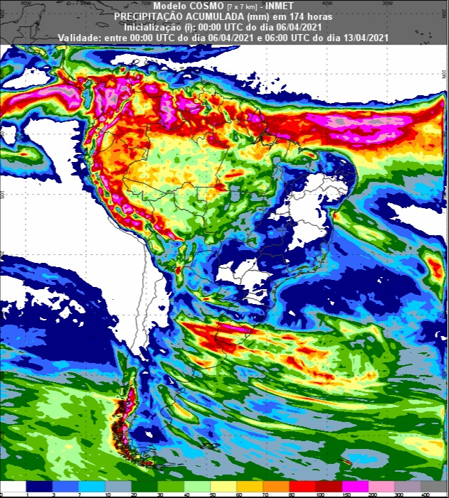 Mapa com a previsão de chuva para os próximos 7 dias em todo o Brasil - Fonte: Inmet