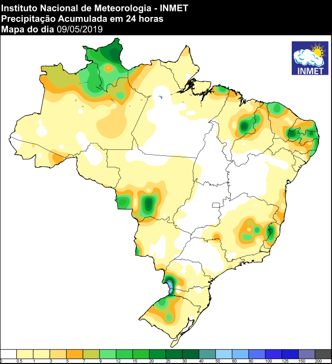 Mapa de precipitação acumulada das últimas 24 horas - Fonte: Inmet