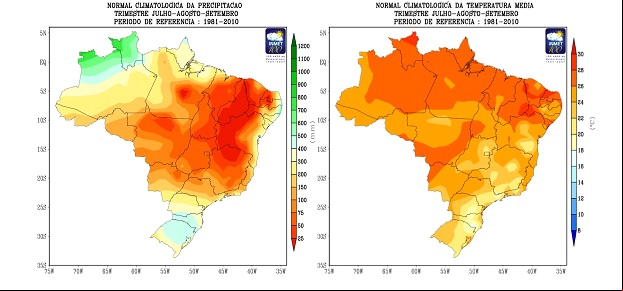 Climatologia de precipitação e  temperatura média do ar para o trimestre julho, agosto e setembro. Período de referência: 1981 – 2010 - Fonte: Inmet