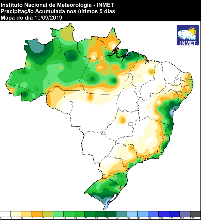 Mapa de precipitação acumulada dos últimos 5 dias em todo o Brasil - Fonte: Inmet