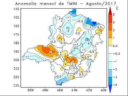 Figura 3 –Anomalias e Média mensal de temperatura: (a,c) máxima e (b,d) mínima, no mês de Agosto/2017