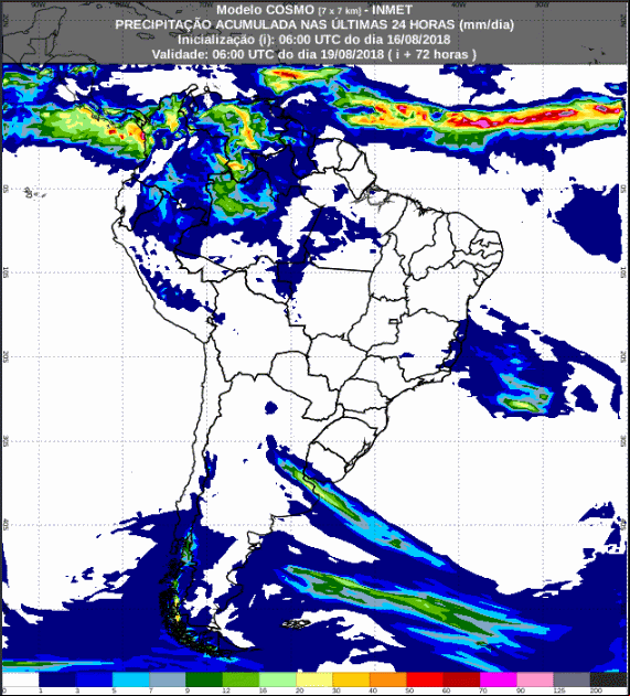Mapa com a previsão de precipitação acumulada para até 72 horas (17/08 a 19/08) em todo o Brasil - Fonte: Inmet