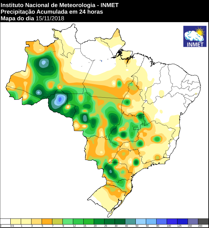 Mapa de precipitação acumulada nas últimas 24 horas em todo o Brasil - Fonte: Inmet