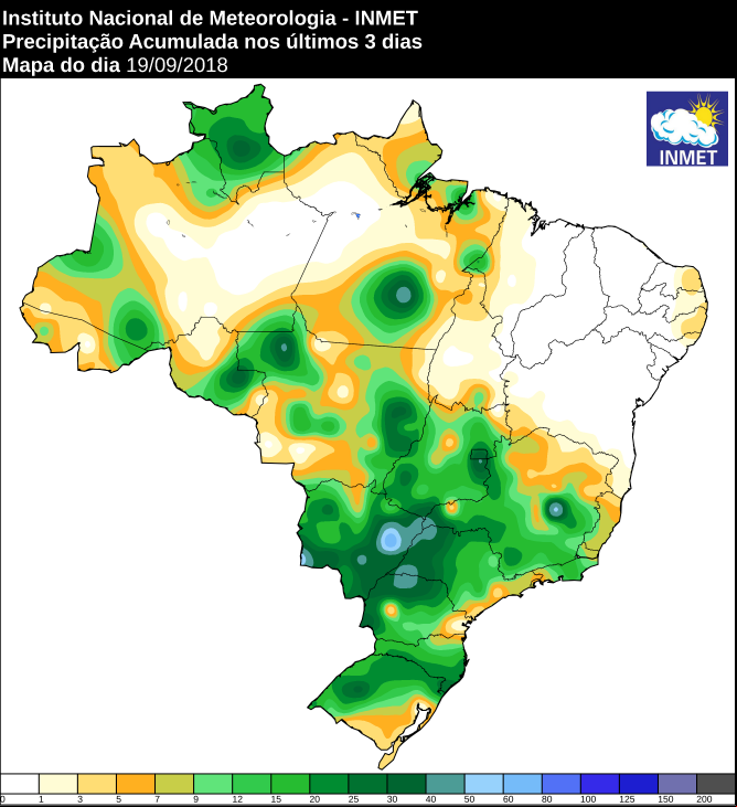 Mapa de precipitação acumulada nos últimos 3 dias em todo o Brasil - Fonte: Inmet