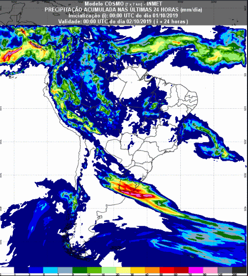 Mapa com a previsão de precipitação acumulada para até 93 horas (02/10 a 04/10) em todo o Brasil - Fonte: Inmet