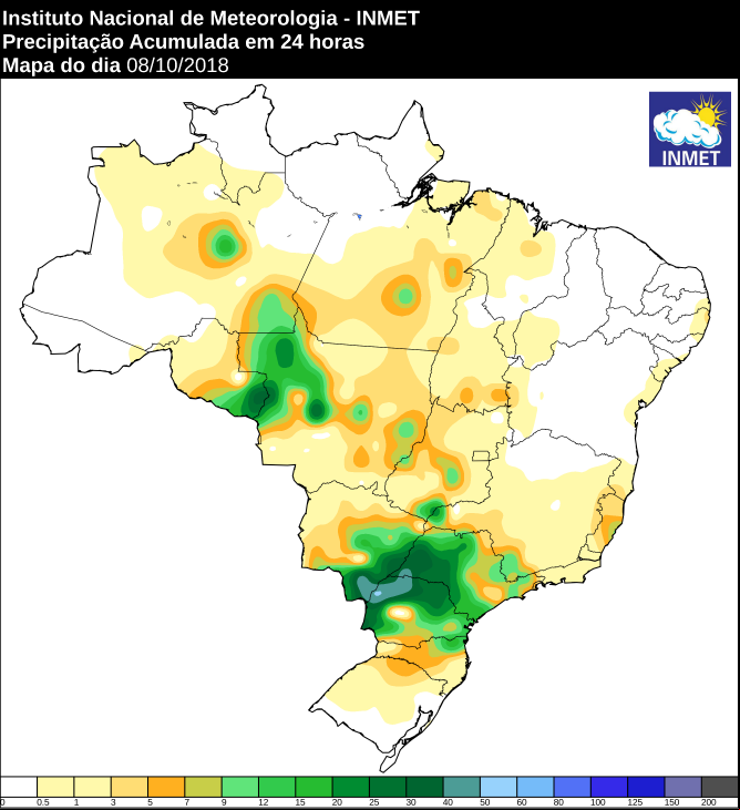 Mapa das áreas com precipitação acumulada nas últimas 24 horas - Fonte: Inmet