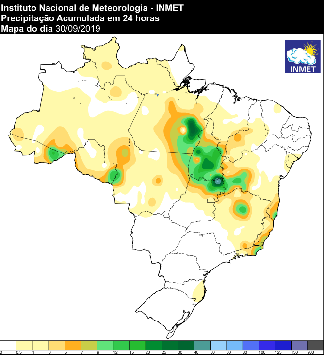 Mapa de precipitação acumulada das últimas 24 horas em todo o Brasil - Fonte: Inmet