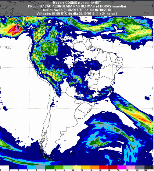 Mapa com a previsão de precipitação acumulada para até 72 horas (05/10 a 07/10) em todo o Brasil - Fonte: Inmet