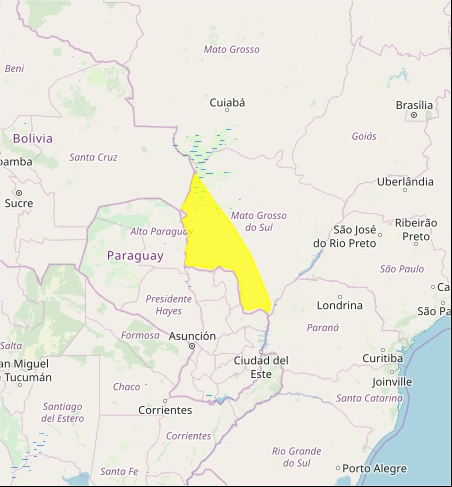 Mapa das áreas com alerta de tempestade nesta 4ª - Fonte: Inmet