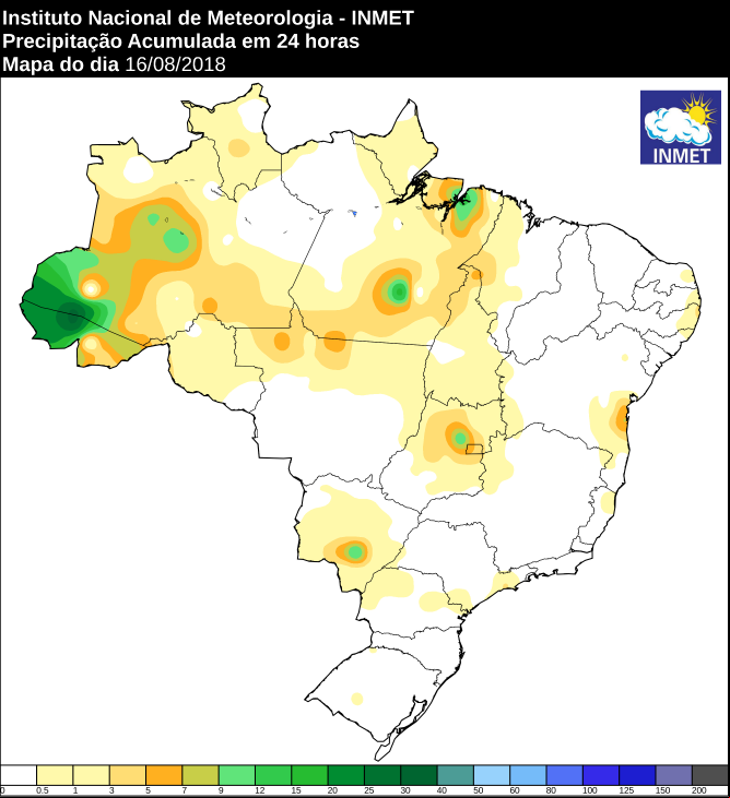 Mapa das áreas com precipitação acumulada nas últimas 24 horas em todo o Brasil - Fonte: Inmet