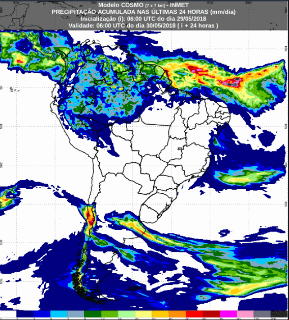 Mapa com a previsão de precipitação para até 72 horas (30/05 a 01/06) em todo o Brasil - Fonte: Inmet