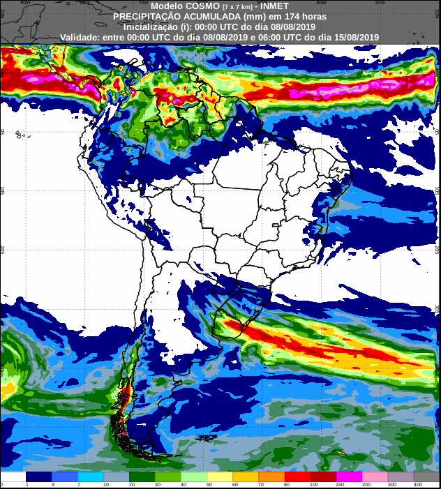 Mapa das áreas com a previsão de precipitação acumulada para os próximos 7 dias - Fonte: Inmet