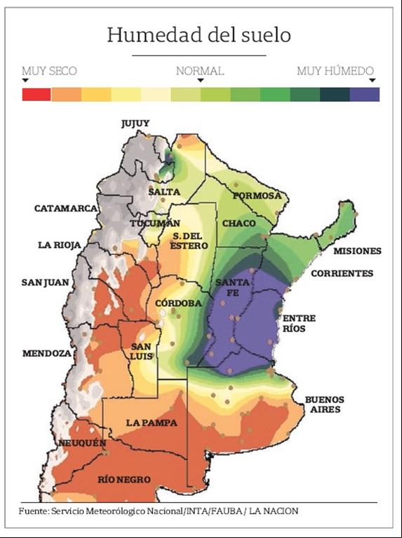 Mapa das áreas inundadas na Argentina