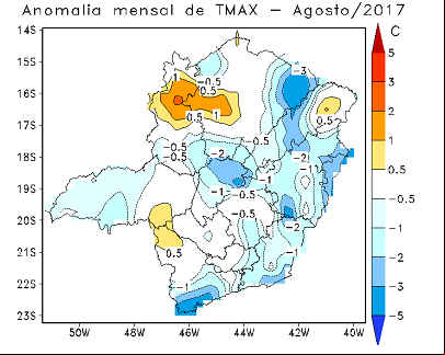 Figura 3 –Anomalias e Média mensal de temperatura: (a,c) máxima e (b,d) mínima, no mês de Agosto/17