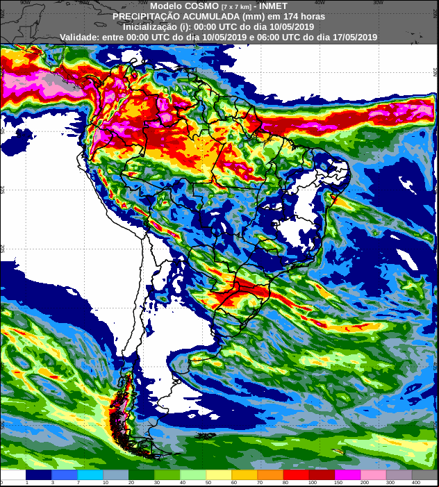 Mapa de precipitação acumulada dos próximos 7 dias no Brasil - Fonte: Inmet