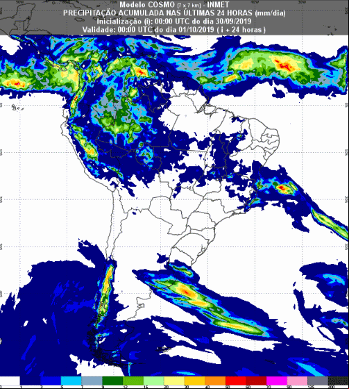 Mapa com a previsão de precipitação acumulada para até 93 horas (01/10 a 03/10) em todo o Brasil - Fonte: Inmet