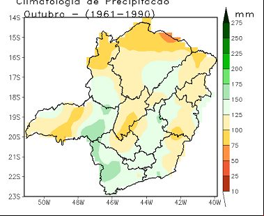 Figura 5 – Distribuição das chuvas em Minas Gerais, para os meses setembro, outubro e novembro, médias climatológicas 1961-1990