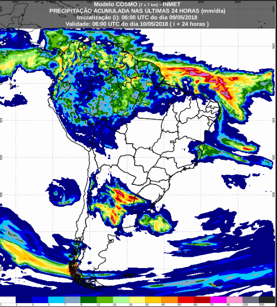 Mapa com a previsão de precipitação acumulada para até 72 horas (10/05 a 12/05) para todo o Brasil - Fonte: Inmet