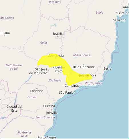 Mapa das áreas com previsão de chuvas intensas nesta quarta-feira - Fonte: Inmet