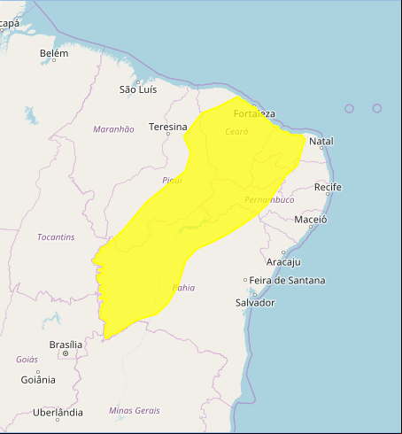 Mapa das áreas com previsão de chuvas intensas nesta 5ª feira - Fonte: Inmet