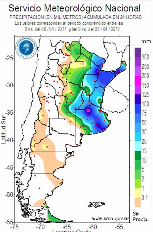 Chuvas registradas em 09/04/2017 na Argentina
